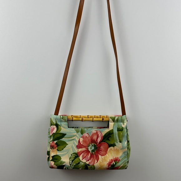 Fossil Floral Canvas Shoulder Bag Bamboo Handle Green Pink Tropical Purse - Picture 3 of 10